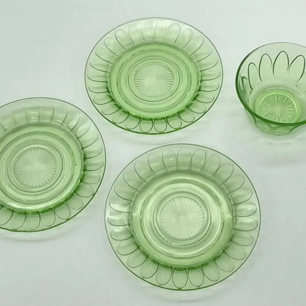 VTG Bartlett Collins Twitch Green Uranium Glass Cups Saucers Lot 10